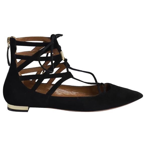 Aquazzura Belgravia Black Lattice Suede Lace Up Flats Gold Heel Size 40.5 - Picture 1 of 6